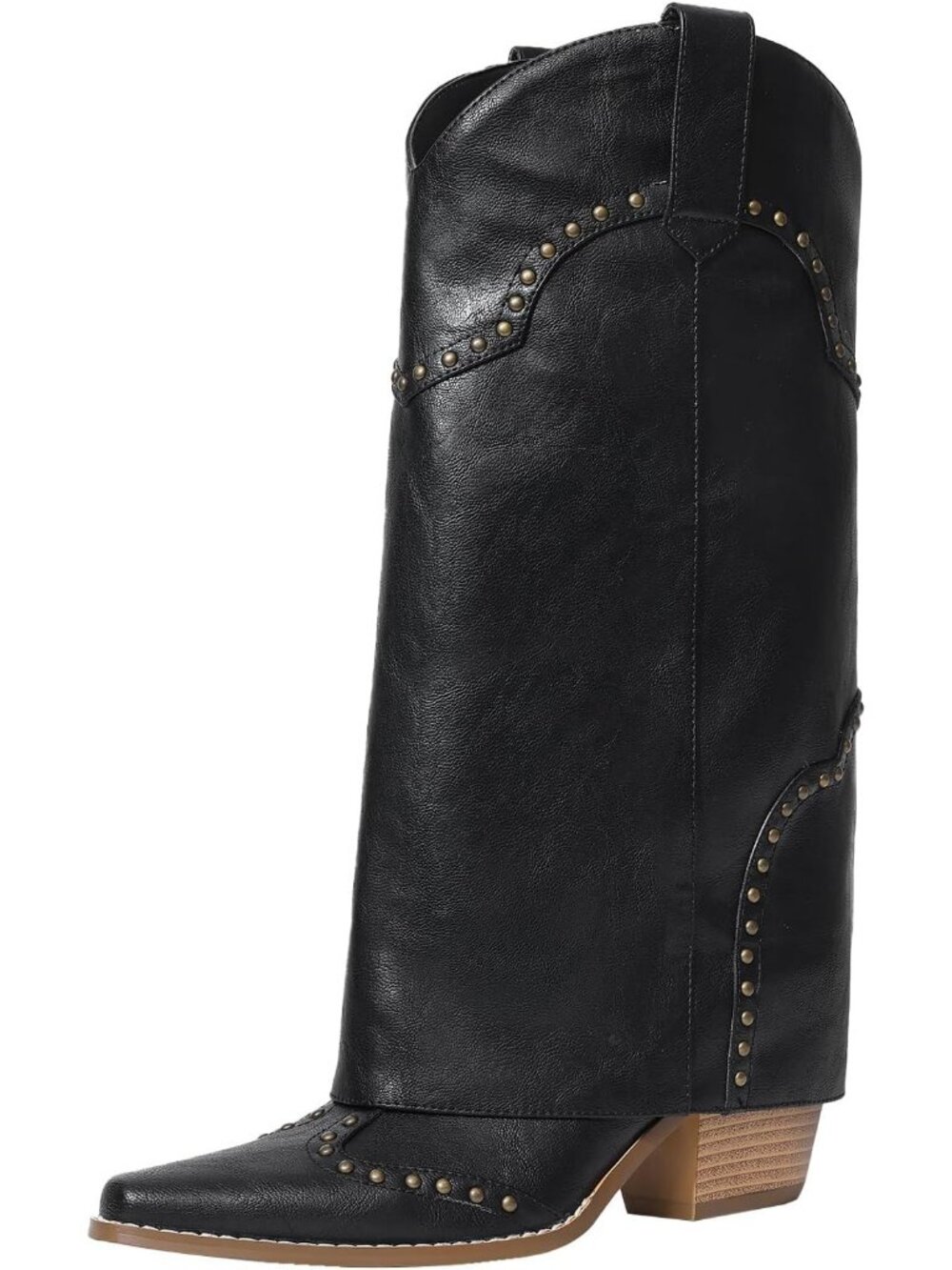 Women's Black Faux Leather Over Boot Knee High Chunky Heel Snip Toe Cowgirl Boot